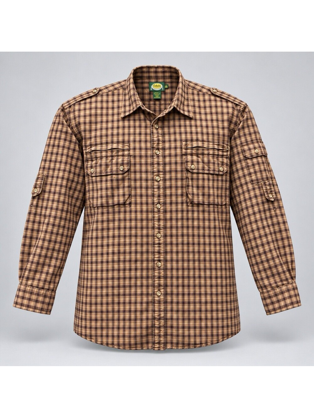Cabela’s Men’s 3XLT Brown Plaid Cotton Fishing Hiking Utility Shirt Roll Tab